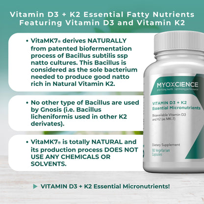 MYOXCIENCE Vitamin D3 + K2 Essential Micronutrients | Vitamin D3 5,000 IU | Vitamin K2 as MK-7 90 mcg (90 Vegetarian Capsules) - Maple Wellness Supplements
