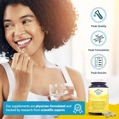 myPEAK PeakBiotic: The Ultimate Vegan Synbiotic with 50 Billion CFU Probiotics Prebiotics Postbiotics Modbiotics and Gut Lining to Enhance Digestion, Skin, and Mood with 2-Month Supply, 60 Capsules - Maple Wellness Supplements