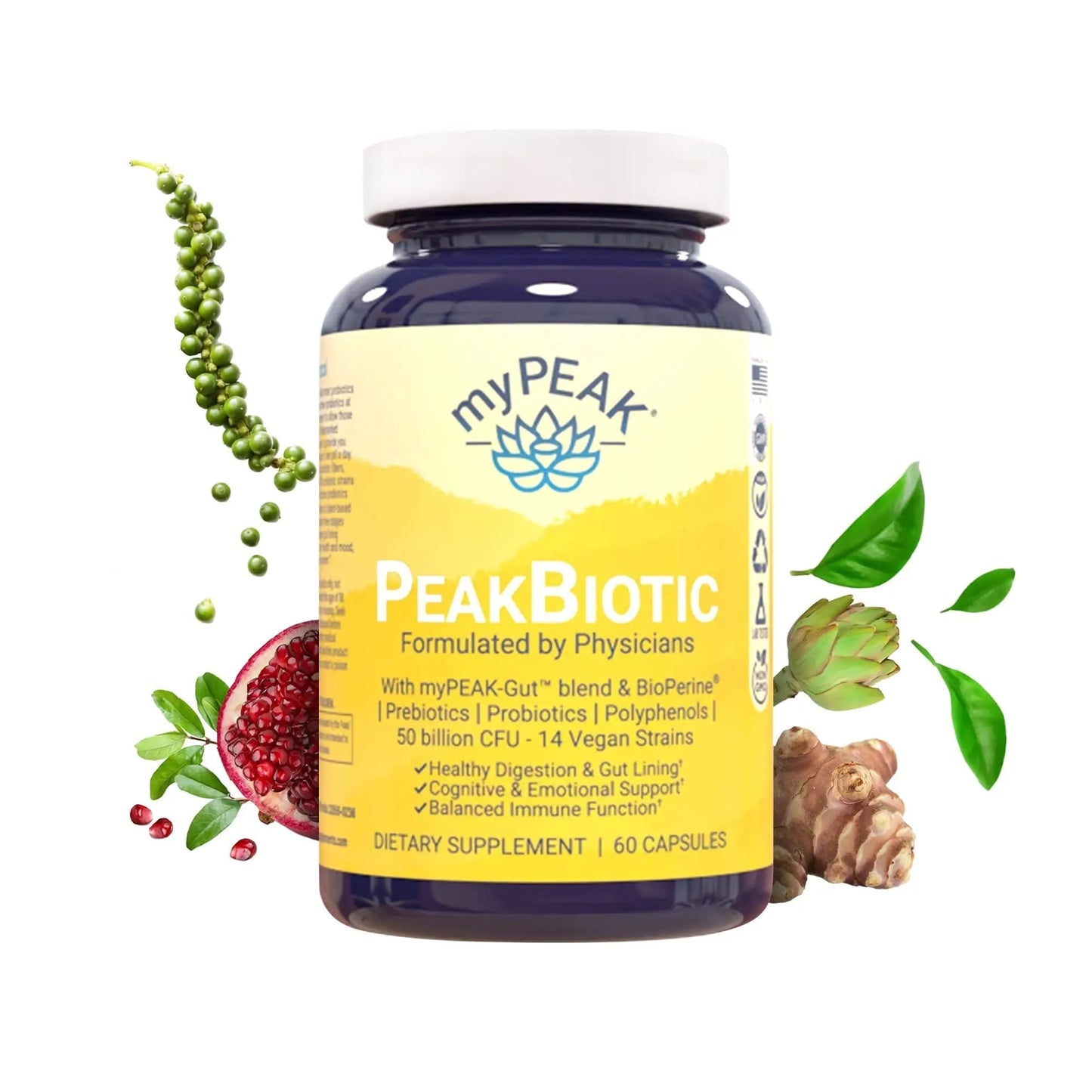 myPEAK PeakBiotic: The Ultimate Vegan Synbiotic with 50 Billion CFU Probiotics Prebiotics Postbiotics Modbiotics and Gut Lining to Enhance Digestion, Skin, and Mood with 2-Month Supply, 60 Capsules - Maple Wellness Supplements