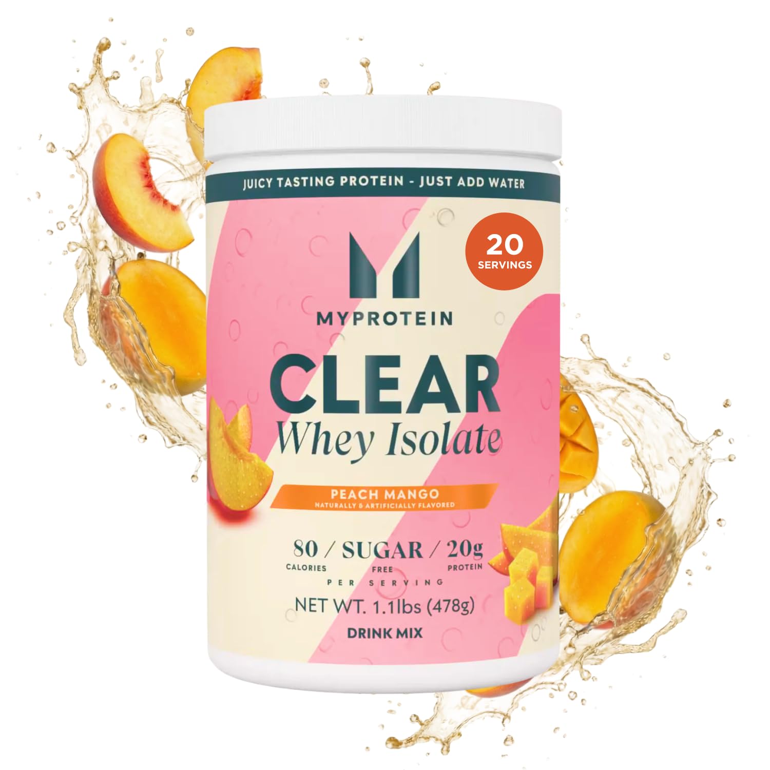 Myprotein Clear Whey Isolate Protein Powder, 1.1 Lb (20 Servings) Peach Mango, 20g Protein per Serving, Naturally Flavored Drink Mix - Maple Wellness Supplements