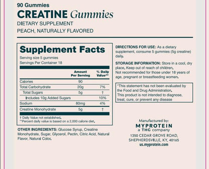 Myprotein Creatine Gummies, 5g Creatine Monohydrate per Serving, Peach, 90 Count, 18 Servings, Chewable Post/Pre Workout Strength & Recovery Sports Nutrition Supplement, Vegan, Non-GMO - Maple Wellness Supplements