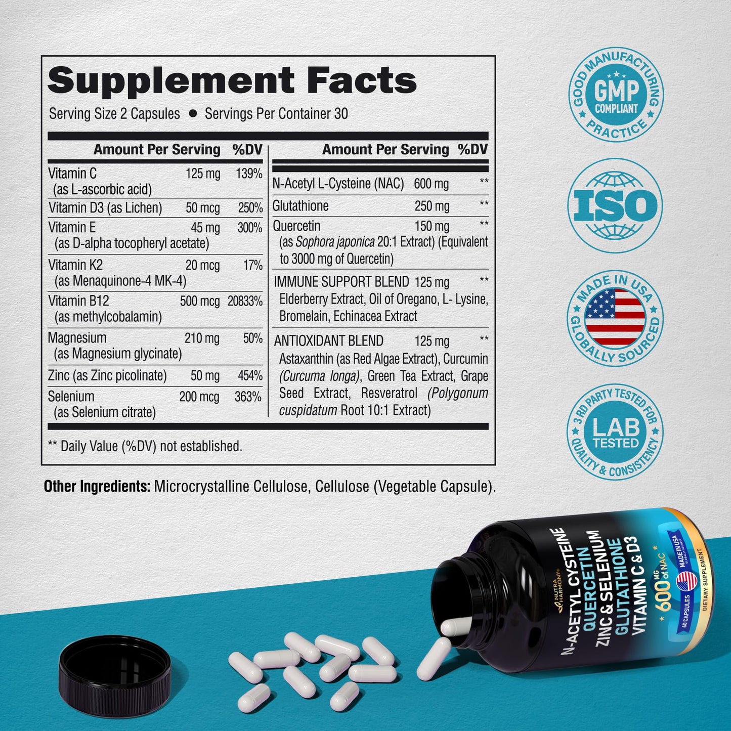 NAC 600 mg Supplement | Quercetin | Zinc | Glutathione | Selenium | Vitamin C & D3 - Maple Wellness Supplements