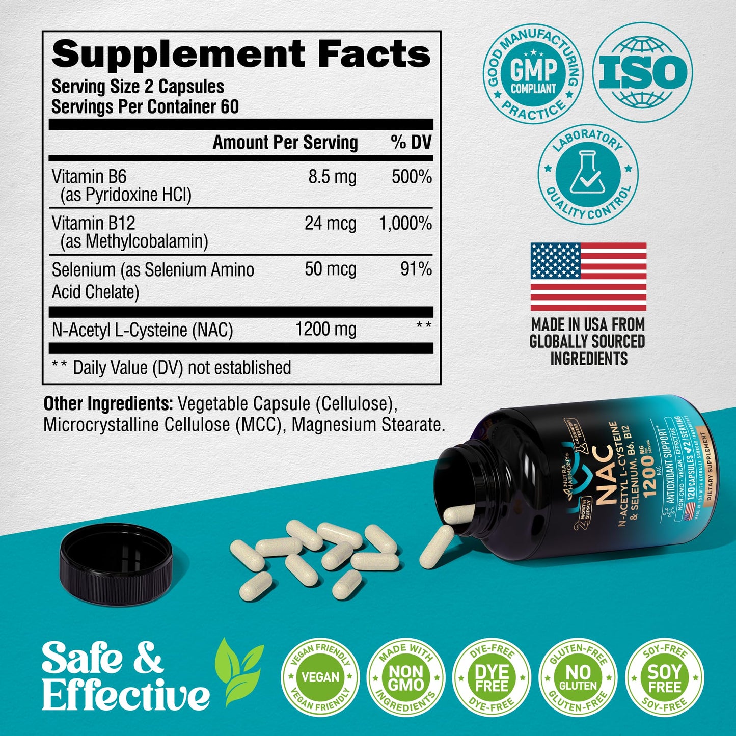 NAC Supplement | Selenium | B6 | B12 - Antioxidant, Immune Support - N Acetyl Cysteine 600 mg per Capsule, 1200 mg per Serving - Made in USA - Non-GMO, Gluten-Free - Maple Wellness Supplements