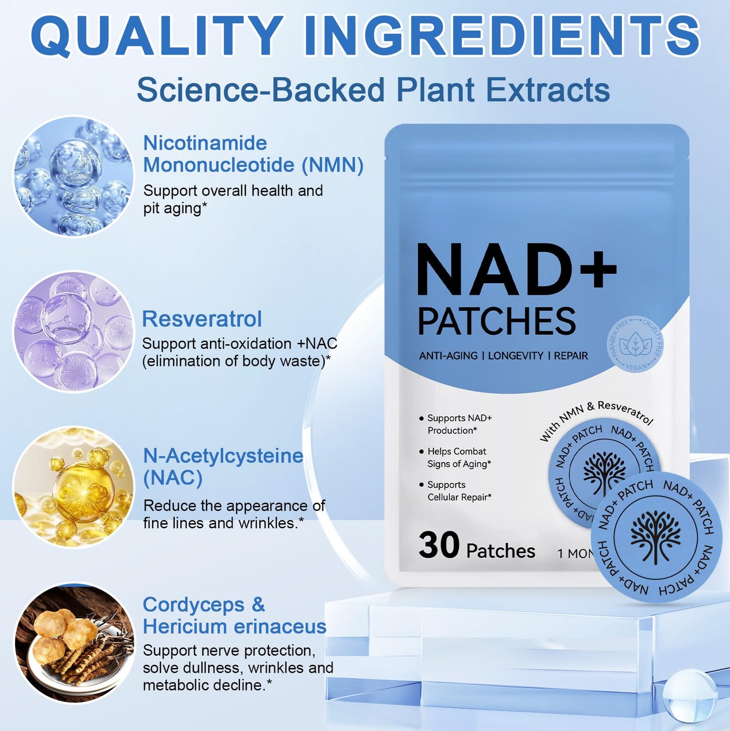 NAD Patches for Women & Men,One-Stop Solution for Skin and Wellness Support | NMNH, Resveratrol, Hyaluronic Acid, Vitamin C, & Coq10 l Premium 8-Hour Time-Release Patch for Enhanced Absorption - Maple Wellness Supplements