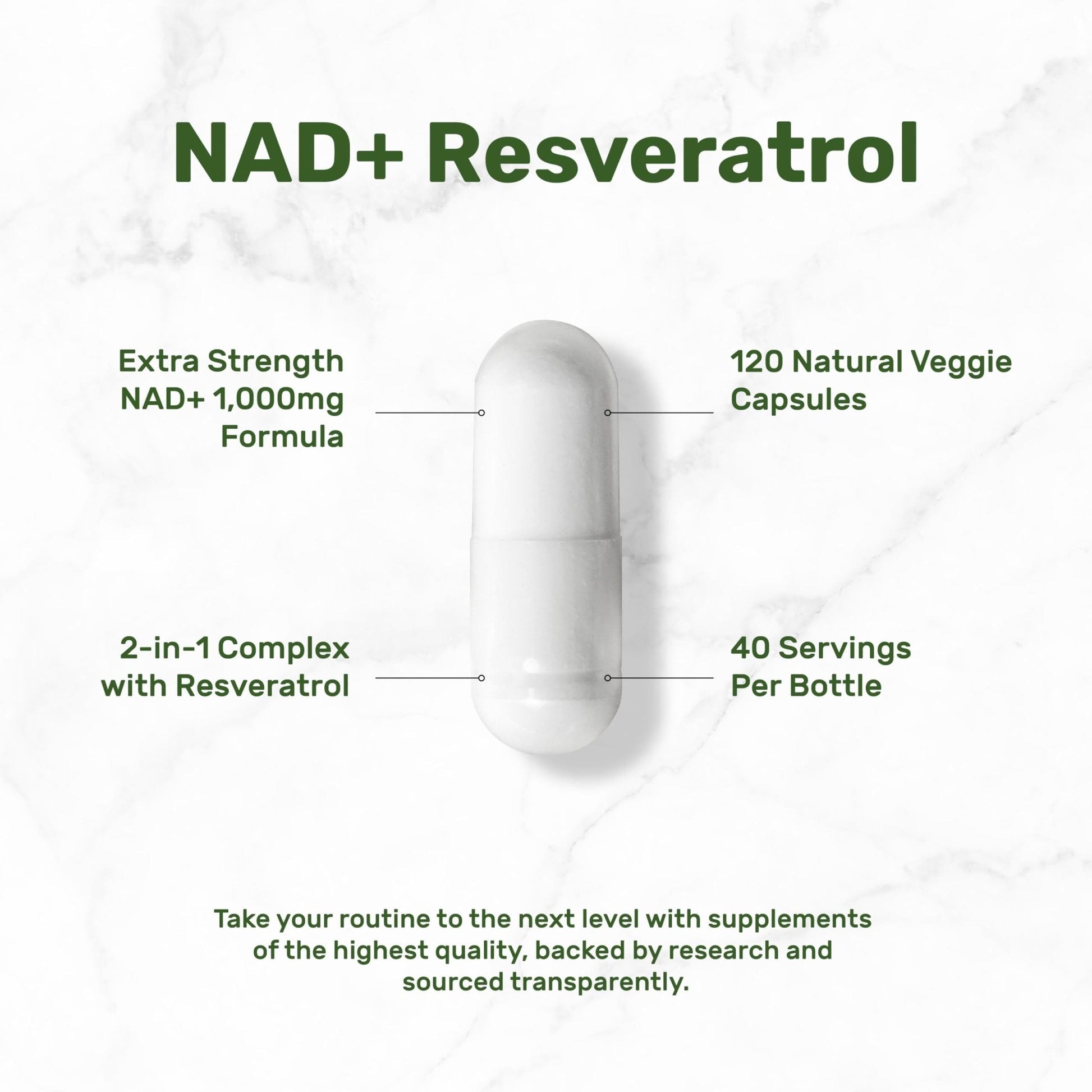 NAD+ Resveratrol Supplement 1,000mg Per Serving, 120 Veggie Capsules | 2-in-1 Extra Strength NMN Supplement Alternative | NAD Supplements for Women & Men | Non-GMO, Gluten Free - Maple Wellness Supplements