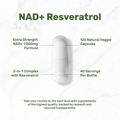 NAD+ Resveratrol Supplement 1,000mg Per Serving, 120 Veggie Capsules | 2-in-1 Extra Strength NMN Supplement Alternative | NAD Supplements for Women & Men | Non-GMO, Gluten Free - Maple Wellness Supplements