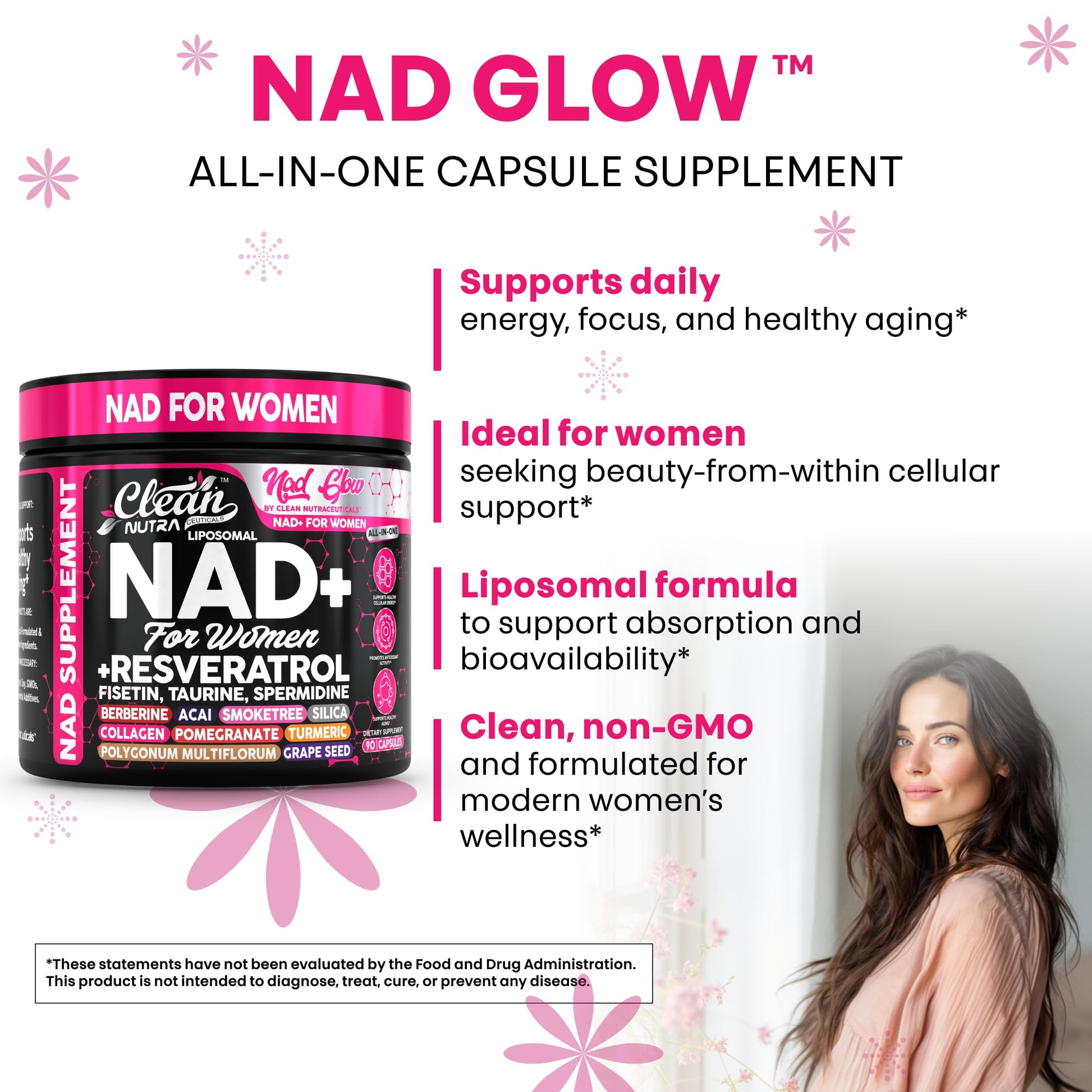 NAD+ Resveratrol Supplement for Women NAD Turmeric Vitamin C Acai Pomegranate Collagen Peptides Nicotinamide Riboside Fisetin Vitamin E Polygonum Multiflorum Berberine 90 Capsules by Clean Nutra - Maple Wellness Supplements