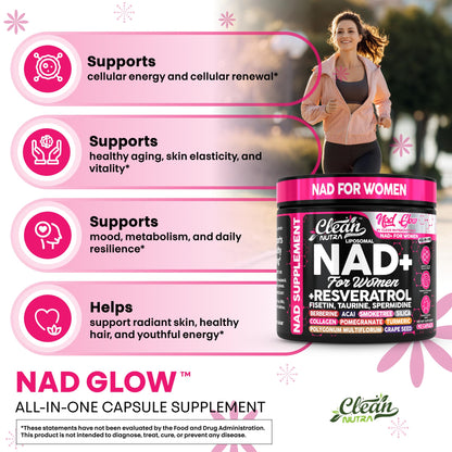 NAD+ Resveratrol Supplement for Women NAD Turmeric Vitamin C Acai Pomegranate Collagen Peptides Nicotinamide Riboside Fisetin Vitamin E Polygonum Multiflorum Berberine 90 Capsules by Clean Nutra - Maple Wellness Supplements