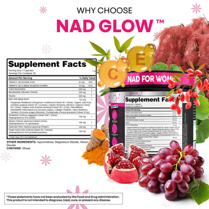NAD+ Resveratrol Supplement for Women NAD Turmeric Vitamin C Acai Pomegranate Collagen Peptides Nicotinamide Riboside Fisetin Vitamin E Polygonum Multiflorum Berberine 90 Capsules by Clean Nutra - Maple Wellness Supplements