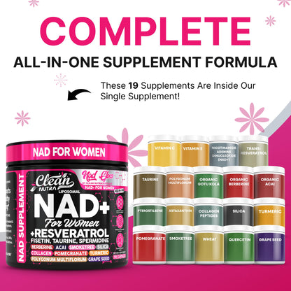 NAD+ Resveratrol Supplement for Women NAD Turmeric Vitamin C Acai Pomegranate Collagen Peptides Nicotinamide Riboside Fisetin Vitamin E Polygonum Multiflorum Berberine 90 Capsules by Clean Nutra - Maple Wellness Supplements