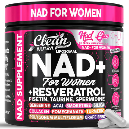 NAD+ Resveratrol Supplement for Women NAD Turmeric Vitamin C Acai Pomegranate Collagen Peptides Nicotinamide Riboside Fisetin Vitamin E Polygonum Multiflorum Berberine 90 Capsules by Clean Nutra - Maple Wellness Supplements