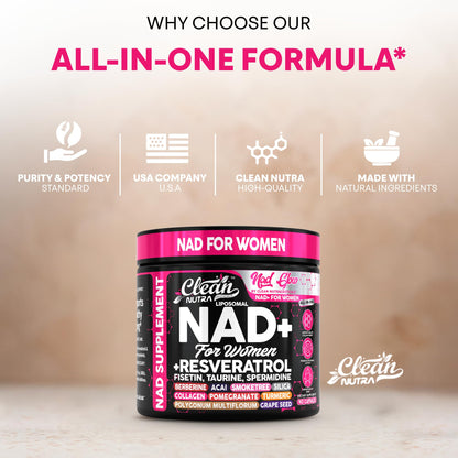 NAD+ Resveratrol Supplement for Women NAD Turmeric Vitamin C Acai Pomegranate Collagen Peptides Nicotinamide Riboside Fisetin Vitamin E Polygonum Multiflorum Berberine 90 Capsules by Clean Nutra - Maple Wellness Supplements