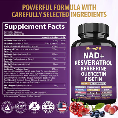 NAD Resveratrol Supplement with Berberine, Quercetin, CoQ10. Anti-Aging Formula for Women & Men. Liposomal NAD Plus, NAD+ Booster, Pure Organic Vitamin, USA - Maple Wellness Supplements