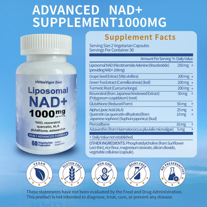 NAD Supplement 1000mg, Liposomal NAD+ Supplement with Resveratrol, Glutathione & Astaxanthin - Support Cellular Health, Stamina & Healthy Aging, NMN Supplement Alternative – 60 Capsules - Maple Wellness Supplements