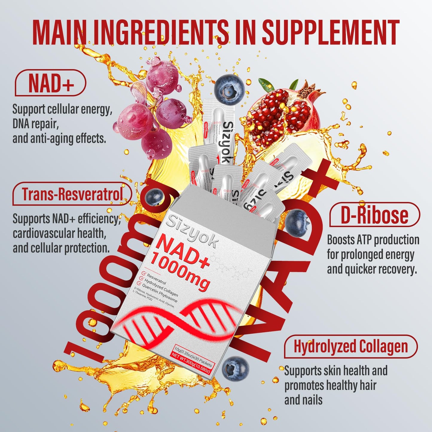 NAD+ Supplement 1000mg Liquid - High Absorption NAD+ with Trans Resveratrol 2000mg, Collagen & Hyaluronic Acid, Anti-Aging Energy Support for Women, Cellular Health & Longevity Boost - Maple Wellness Supplements