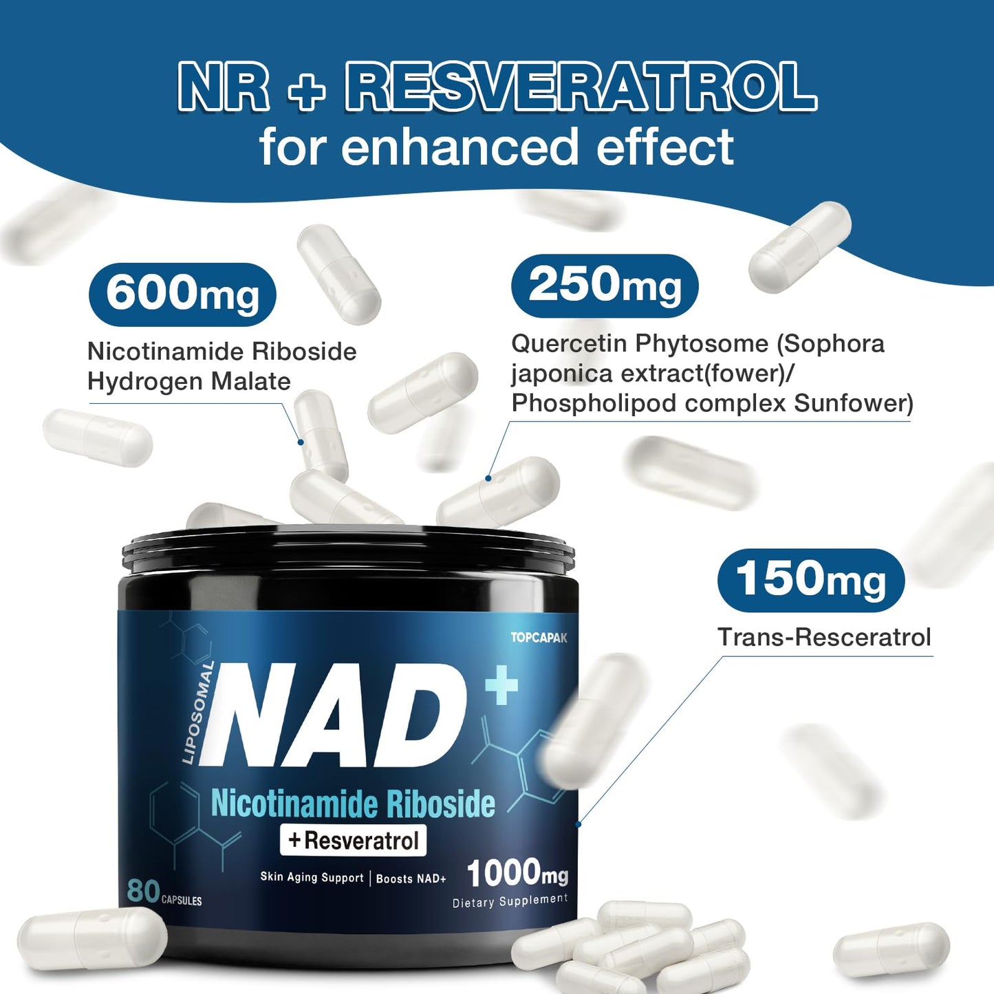 NAD+ Supplement 1000mg - Nicotinamide Riboside (NR) and Resveratrol, Liposomal NAD of Pure Organic Ingredients for Women & Men Healthy Aging, Brain and Cellular Energy, 80 Capsules - Maple Wellness Supplements
