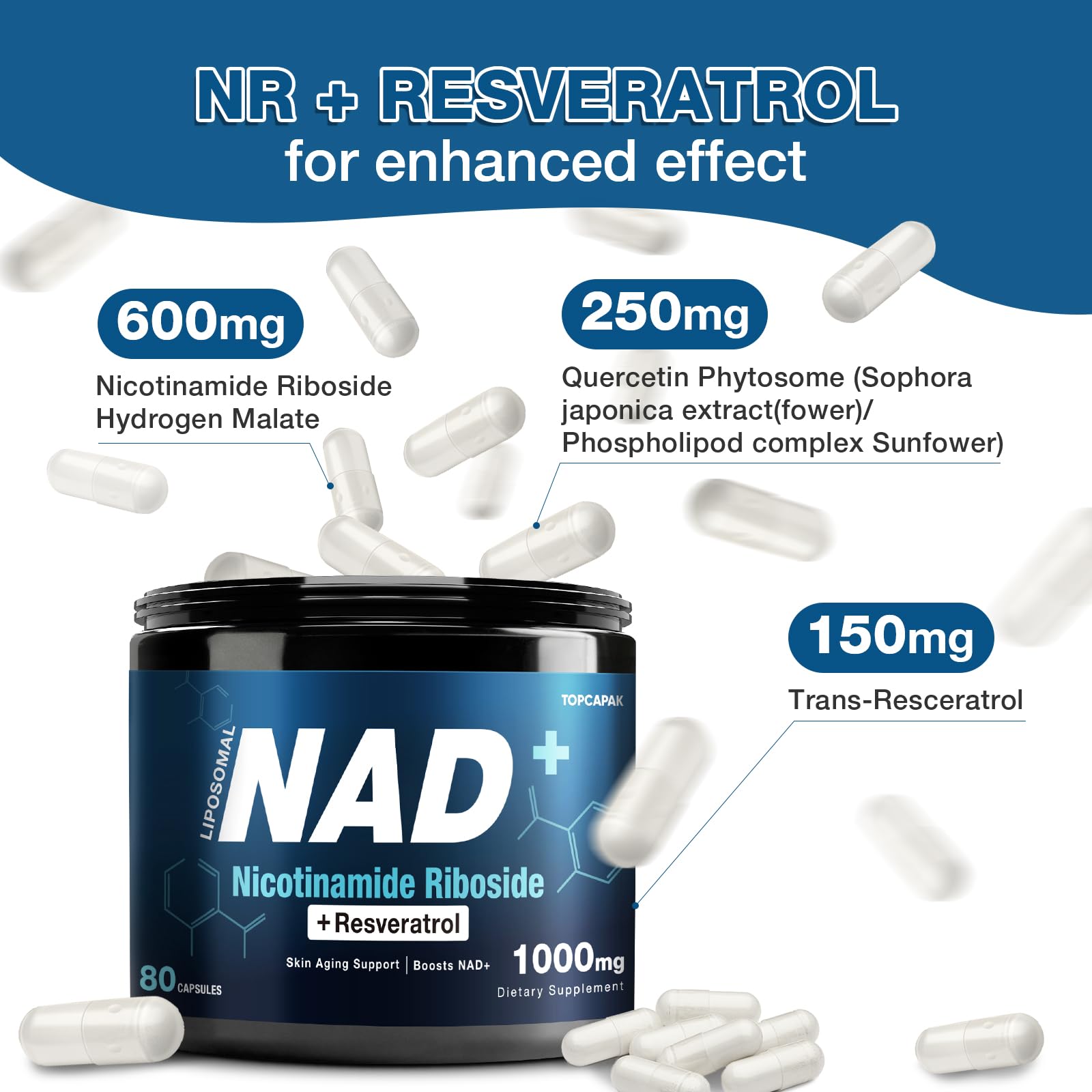 NAD+ Supplement 1000mg - Nicotinamide Riboside (NR) and Resveratrol, Liposomal NAD of Pure Organic Ingredients for Women & Men Healthy Aging, Brain and Cellular Energy, 80 Capsules - Maple Wellness Supplements