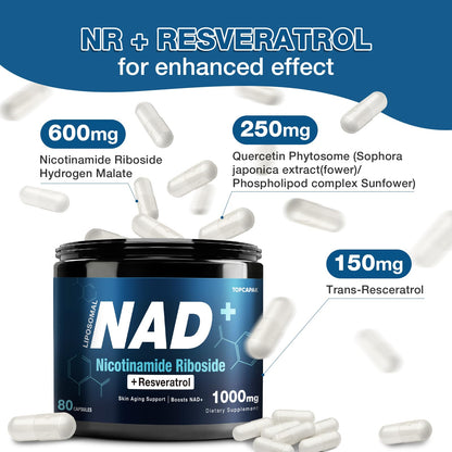 NAD+ Supplement 1000mg - Nicotinamide Riboside (NR) and Resveratrol, Liposomal NAD of Pure Organic Ingredients for Women & Men Healthy Aging, Brain and Cellular Energy, 80 Capsules - Maple Wellness Supplements