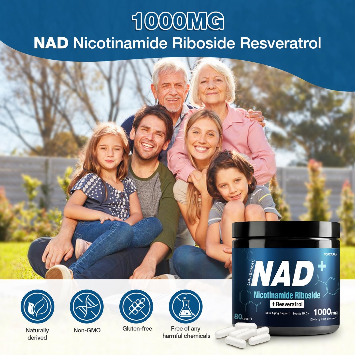 NAD+ Supplement 1000mg - Nicotinamide Riboside (NR) and Resveratrol, Liposomal NAD of Pure Organic Ingredients for Women & Men Healthy Aging, Brain and Cellular Energy, 80 Capsules - Maple Wellness Supplements