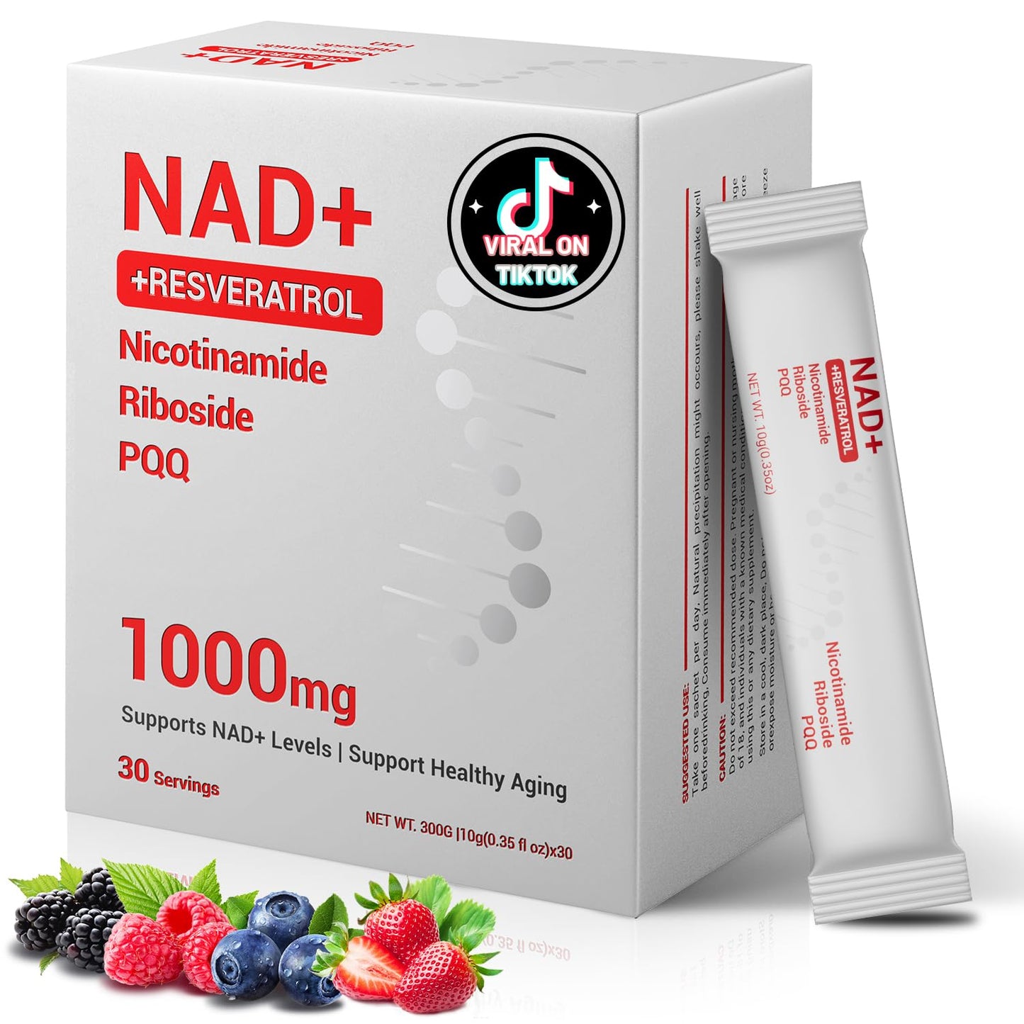 NAD Supplement 1000mg with Resveratrol Pure Organic Liquid Packets - Nicotinamide Riboside Supplements with PQQ - Liposomal NAD+ Berry Flavor Drink - Cellular Energy & Anti-Aging Support, 30 Packs - Maple Wellness Supplements