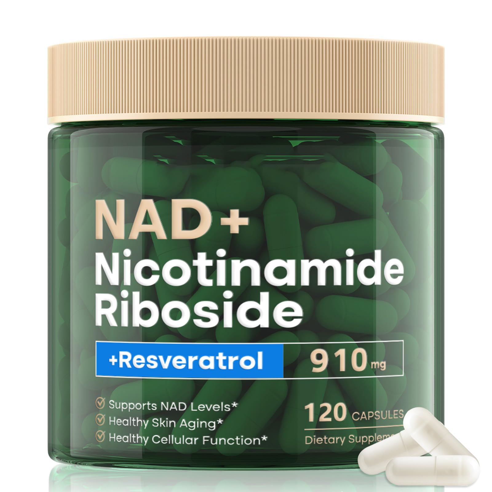 NAD Supplement 120 Capsules, Liposomal Nicotinamide Riboside, Resveratrol, Quercetin, NAD Nicotinamide Riboside Resveratrol 910mg for Women & Men, NAD Supplement for Anti Aging and Cell Regeneration - Maple Wellness Supplements