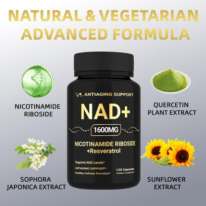 NAD Supplement 1600mg, NAD+ with Resveratrol & Nicotinamide Riboside, Anti-Aging Support, Cellular Energy & Mental Clarity Support, Vegan Non-GMO, 120 Capsules - Maple Wellness Supplements