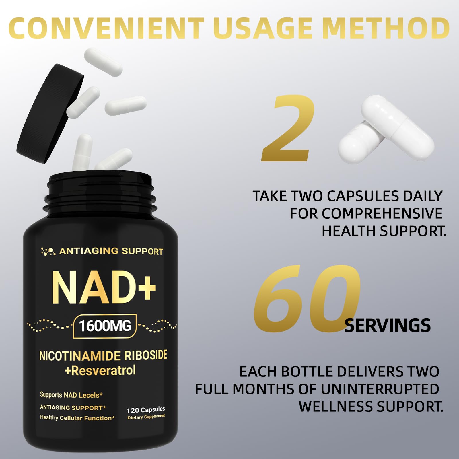 NAD Supplement 1600mg, NAD+ with Resveratrol & Nicotinamide Riboside, Anti-Aging Support, Cellular Energy & Mental Clarity Support, Vegan Non-GMO, 120 Capsules - Maple Wellness Supplements