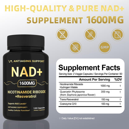 NAD Supplement 1600mg, NAD+ with Resveratrol & Nicotinamide Riboside, Anti-Aging Support, Cellular Energy & Mental Clarity Support, Vegan Non-GMO, 120 Capsules - Maple Wellness Supplements