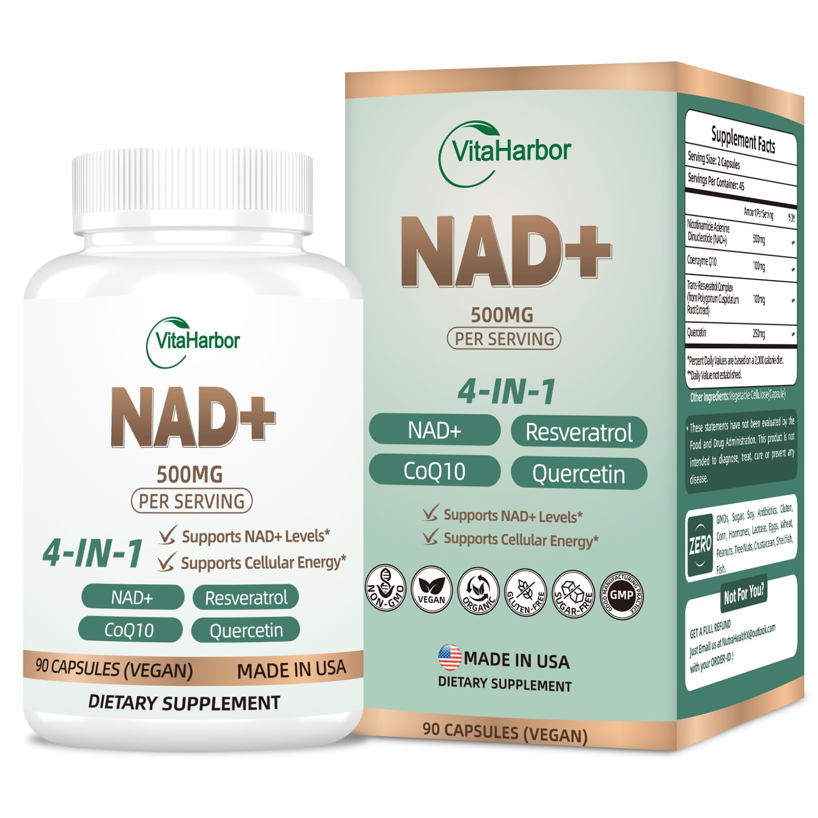NAD Supplement 500mg, Pure Organic NAD+ Supplement for Women & Men, NAD+ with Trans-Resveratrol & CoQ10 & Quercetin for Cellular Energy & Healthy Aging, NMN Alternative (90 Vegan Caps) - Maple Wellness Supplements