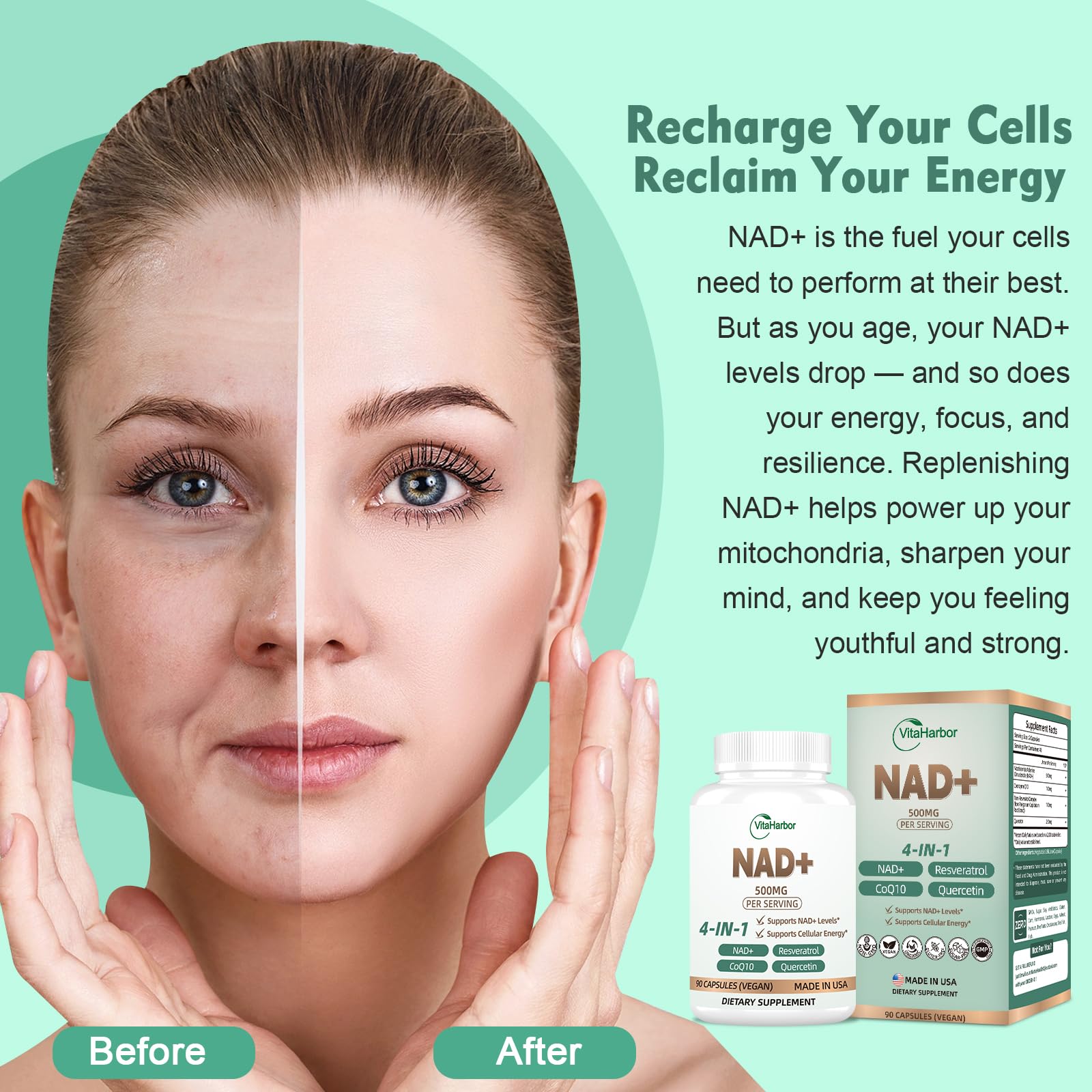 NAD Supplement 500mg, Pure Organic NAD+ Supplement for Women & Men, NAD+ with Trans-Resveratrol & CoQ10 & Quercetin for Cellular Energy & Healthy Aging, NMN Alternative (90 Vegan Caps) - Maple Wellness Supplements
