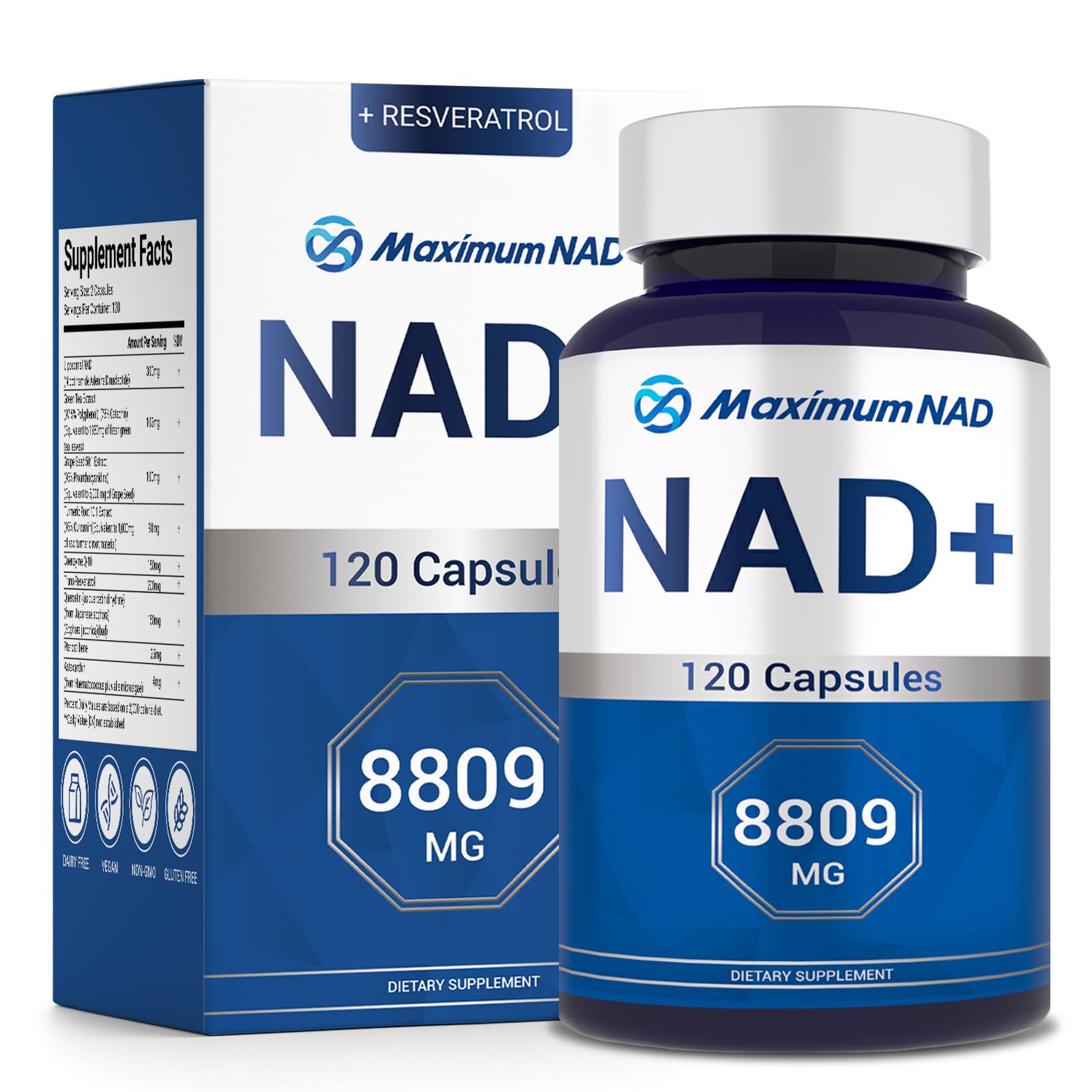 NAD+ Supplement 8,809mg with Liposomal NAD and Resveratrol for Women & Men - 120 Capsules to Support Cellular Health, Boost Stamina & Healthy Aging, Vegan & Gluten-Free - Maple Wellness Supplements