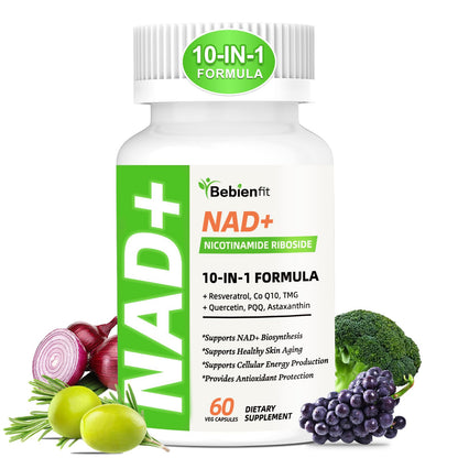 Nad Supplement for Healthy Aging | Energy| Antioxidant| Skin Health| Focus ,10-in-1 Formula with NR,Trans-Resveratrol,CoQ10,Astaxanthin,PQQ,TMG,Quercetin,Olive Fruit Nad+ for Women Men,60 Vegan Caps - Maple Wellness Supplements