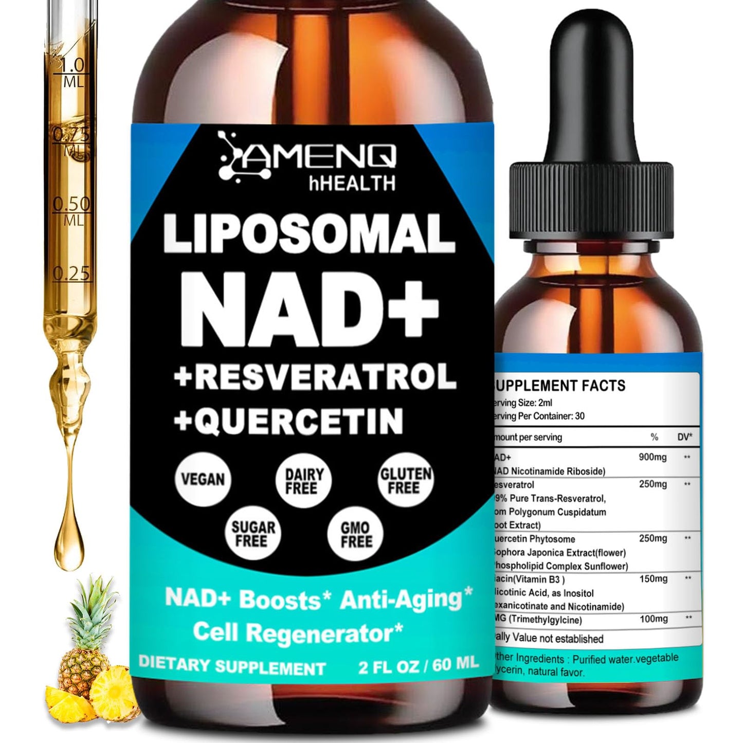 NAD Supplement, Liposomal NAD Nicotinamide Riboside Resveratrol 900mg Quercetion, TMG, Vitamin B3, High Potency NAD Plus Liquid Supplement for Cell Regenerator, Longevity, Energy, Anti-Aging, Focus - Maple Wellness Supplements