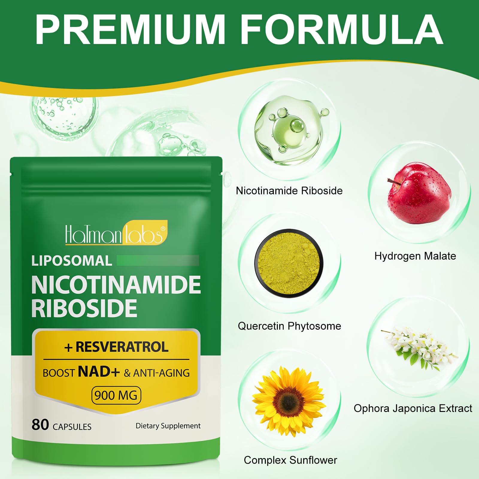 NAD Supplement - Liposomal Nicotinamide Riboside 900mg, Resveratrol, Quercetin - High Purity NAD Supplement for Energy, Support Cellular Health, Stamina & Healthy Aging - Ultra Strength 80 Capsules - Maple Wellness Supplements