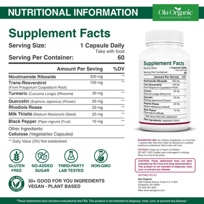 NAD+ Supplement & NAD Booster for Cellular Energy and Healthy Aging – Plant-Based Nicotinamide Riboside (NR) NAD Precursor with Resveratrol, Turmeric, Quercetin, Rhodiola & Milk Thistle – 60 Capsules - Maple Wellness Supplements