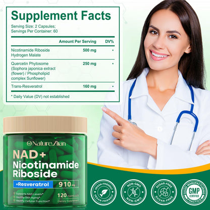 NAD Supplement - NAD+ Nicotinamide Riboside 910 Mg Supplement for Women & Men, Liposomal Nicotinamide Riboside with Resveratrol, for Focus, Boost - 120 Capsules (120 Count (Pack of 1)) - Maple Wellness Supplements