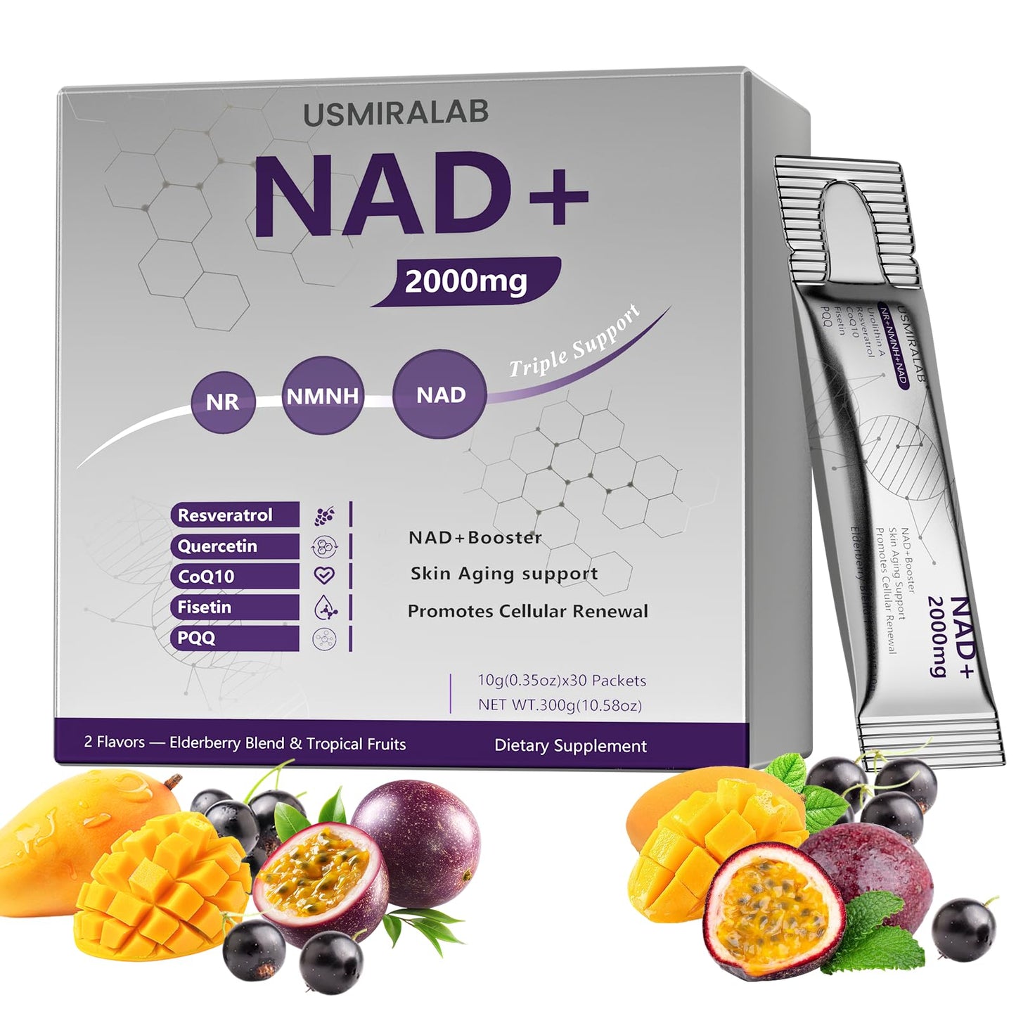 NAD+ Supplement Packets | 1000mg Liquid | Advanced Nicotinamide Riboside, Trans-Resveratrol, PQQ & Quercetin Complex for Cellular Energy & Healthy Aging Support - 2 Flavors (30 Count) - Maple Wellness Supplements