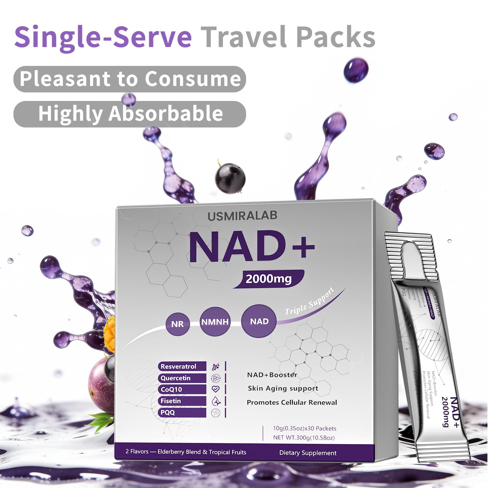 NAD+ Supplement Packets | 1000mg Liquid | Advanced Nicotinamide Riboside, Trans-Resveratrol, PQQ & Quercetin Complex for Cellular Energy & Healthy Aging Support - 2 Flavors (30 Count) - Maple Wellness Supplements