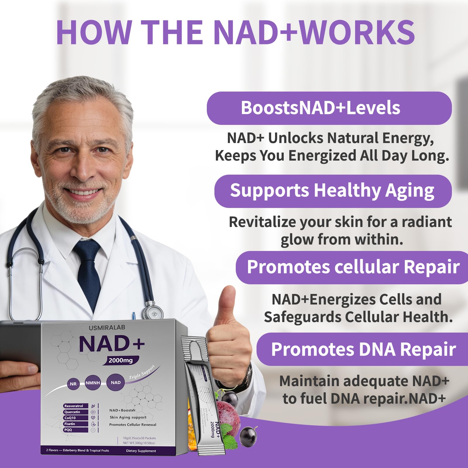 NAD+ Supplement Packets | 1000mg Liquid | Advanced Nicotinamide Riboside, Trans-Resveratrol, PQQ & Quercetin Complex for Cellular Energy & Healthy Aging Support - 2 Flavors (30 Count) - Maple Wellness Supplements