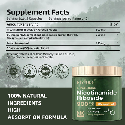 NAD Supplement with Liposomal Resveratrol – 900mg NAD Booster with Quercetin Phytosome for Energy, Focus & Healthy Aging – Cellular Support for Adults 30+ – 80 Capsules, 40-Day Supply - Maple Wellness Supplements