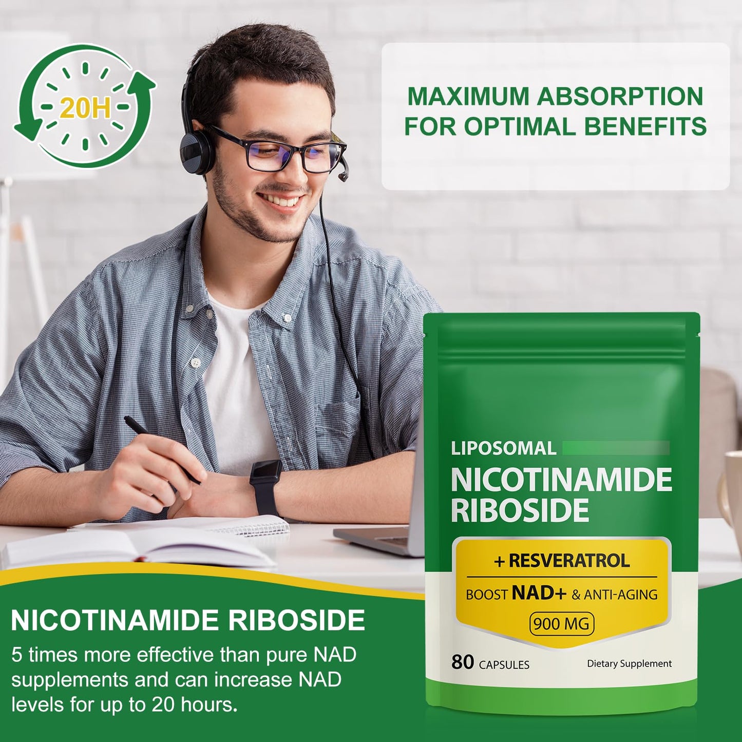 NAD Supplement with Nicotinamide Riboside - Resveratrol,Liposomal Nicotinamide Riboside,Quercetin - High Purity NAD Supplement for Anti-Aging, Focus, Energy 160 Capsules (2 Bag) - Maple Wellness Supplements