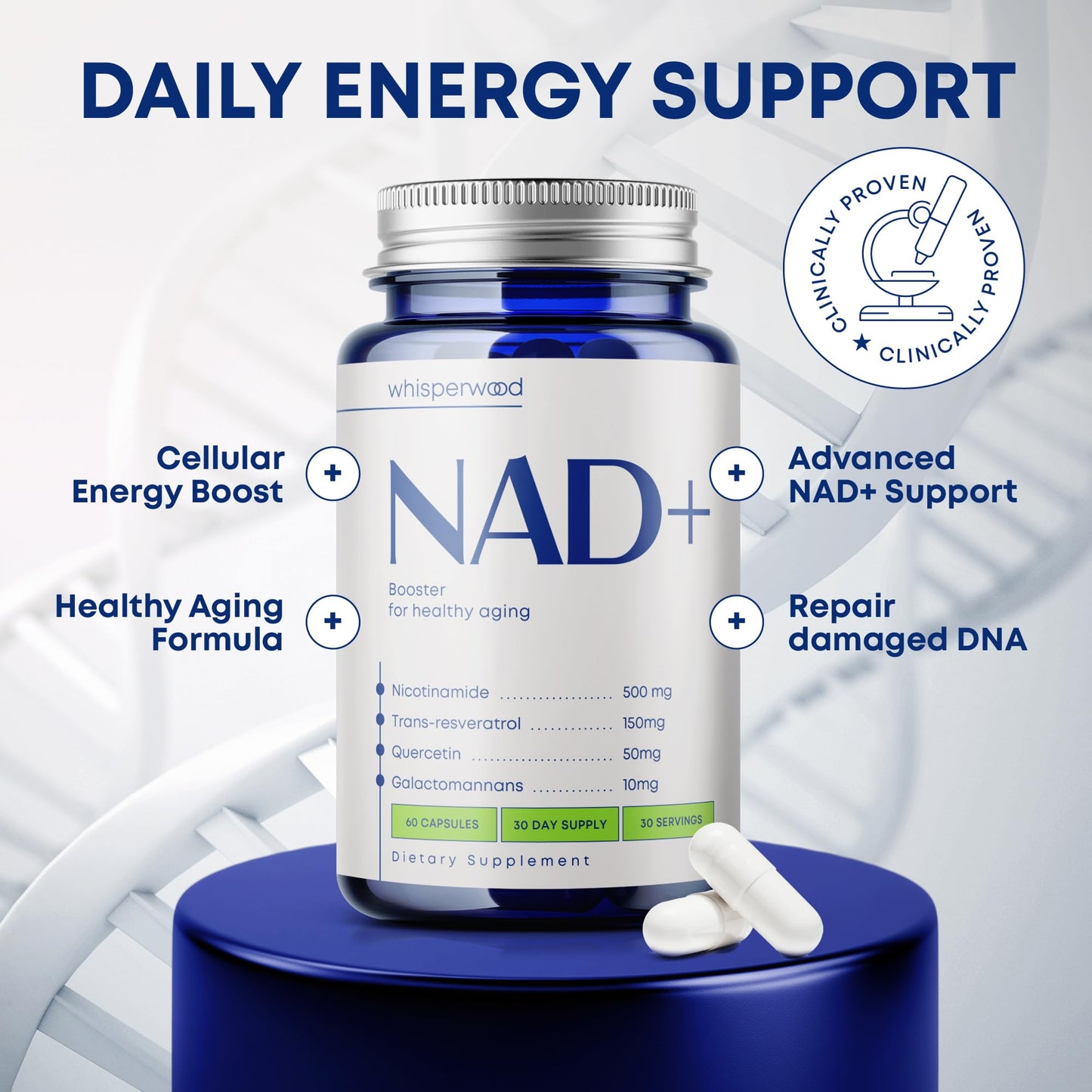 NAD+ Supplement with Nicotinamide Riboside, Trans Resveratrol & Quercetin – NAD Plus Complex for Energy, Brain & Mitochondrial Support – Antioxidant and Longevity Formula for Women & Men – 60 capsules - Maple Wellness Supplements