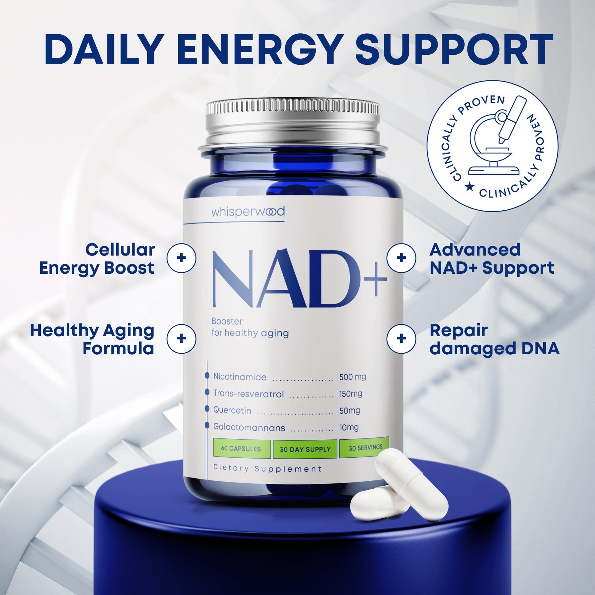 NAD+ Supplement with Nicotinamide Riboside, Trans Resveratrol & Quercetin – NAD Plus Complex for Energy, Brain & Mitochondrial Support – Antioxidant and Longevity Formula for Women & Men – 60 capsules - Maple Wellness Supplements