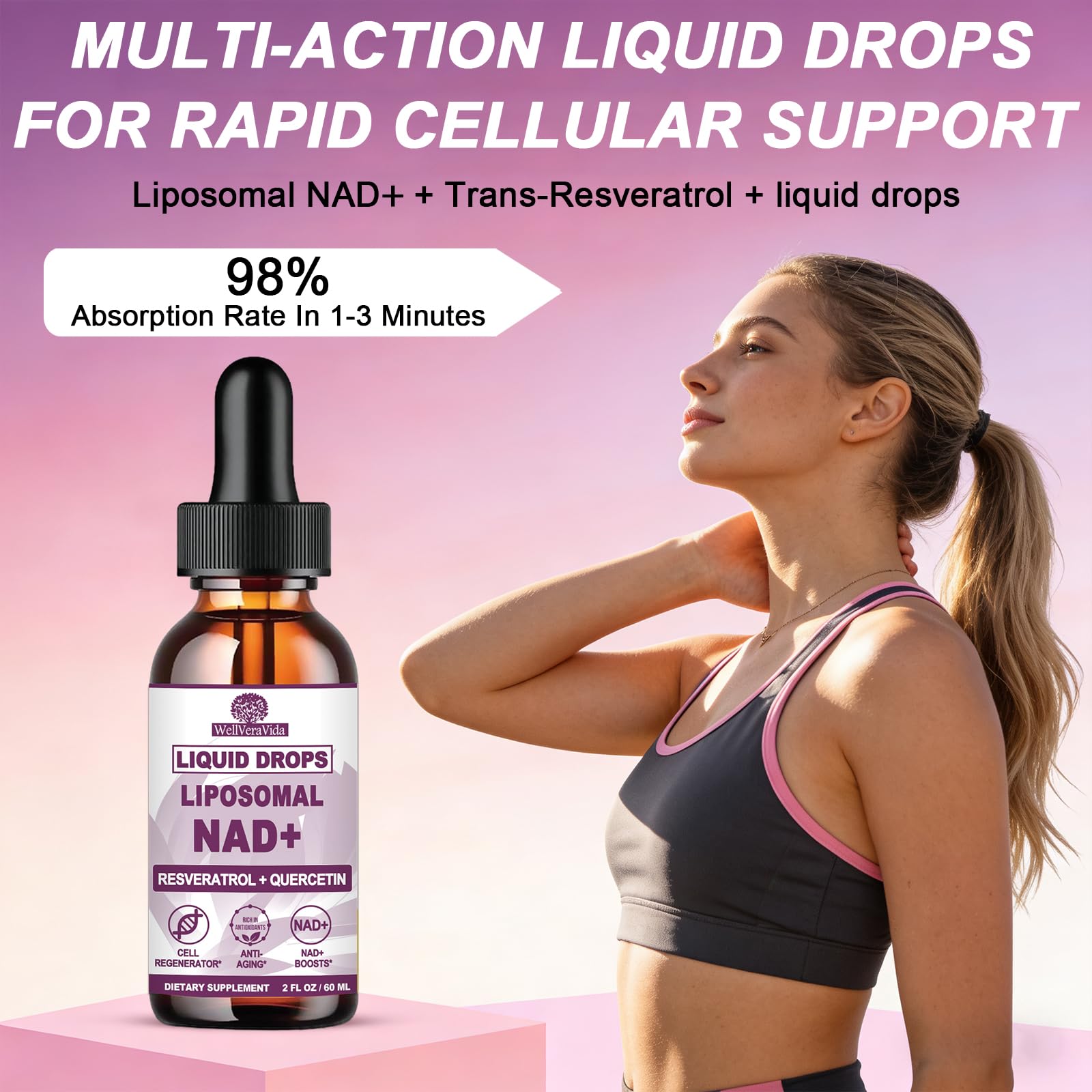 NAD+ Supplements for Men & Women, Extra Strength NMN Alternative Liposomal Nad⁺ Supplement with Resveratrol Quercetin for Cellular Energy & NAD+ Levels, Fast Absorption Liquid NAD Plus丨NON-GMO, 2Fl Oz - Maple Wellness Supplements