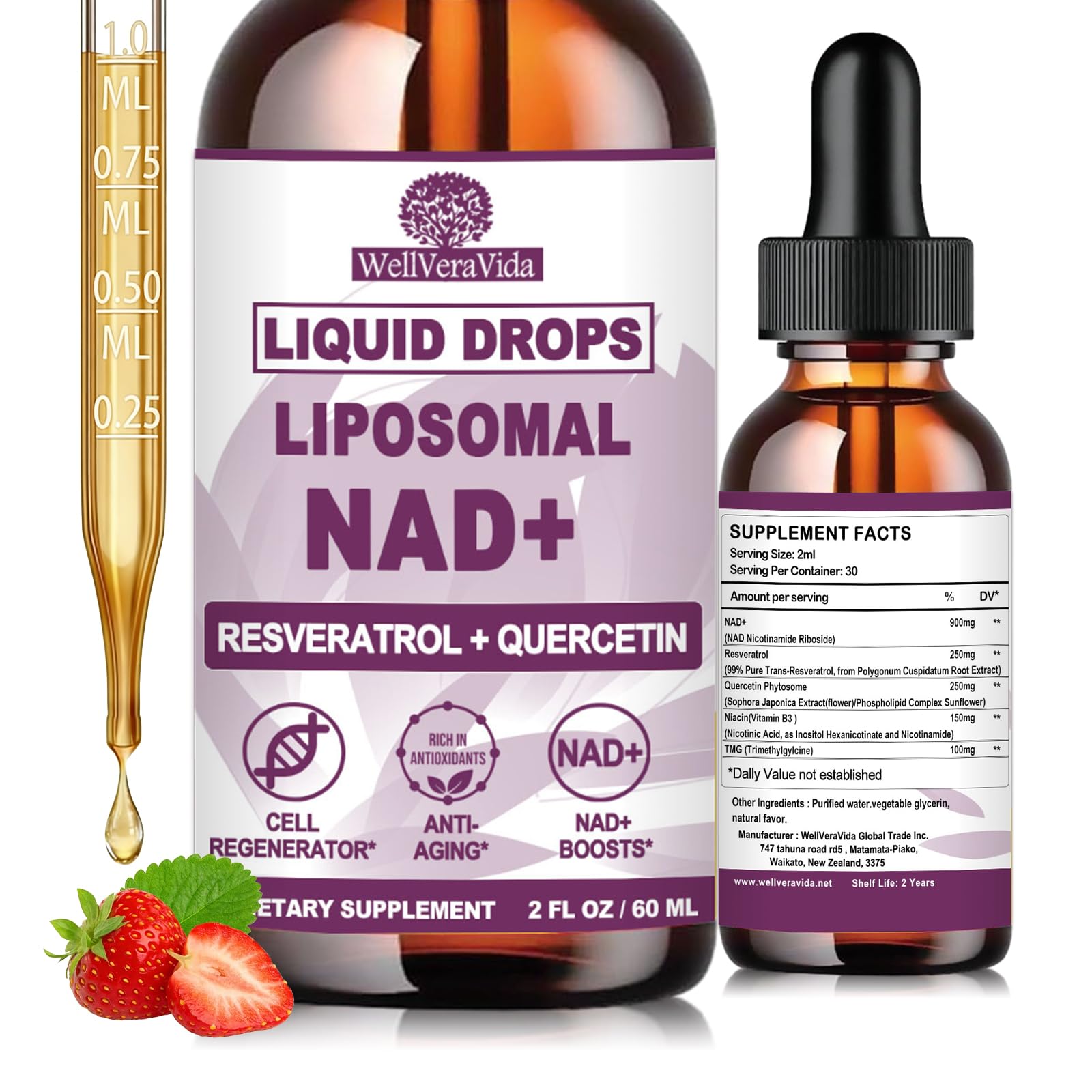 NAD+ Supplements for Men & Women, Extra Strength NMN Alternative Liposomal Nad⁺ Supplement with Resveratrol Quercetin for Cellular Energy & NAD+ Levels, Fast Absorption Liquid NAD Plus丨NON-GMO, 2Fl Oz - Maple Wellness Supplements
