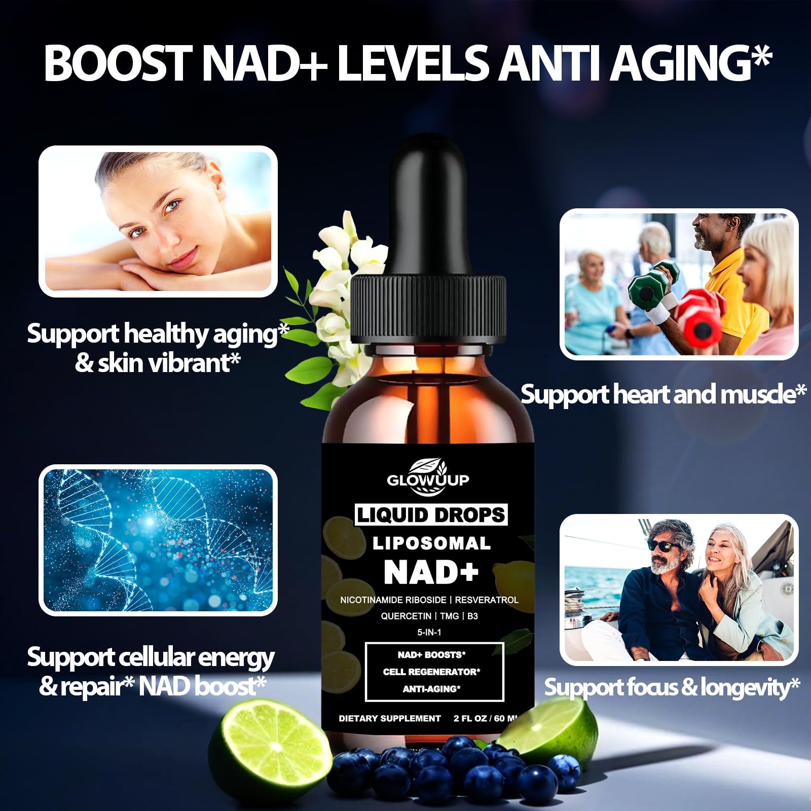 NAD Supplements for Women & Men, Liposomal NAD Nicotinamide Riboside Resveratrol 900mg w. B3 Vitamin Quercetin TMG, Liquid Resveratrol NAD Plus Supplement for Anti-Aging Energy Focus Longevity - Maple Wellness Supplements