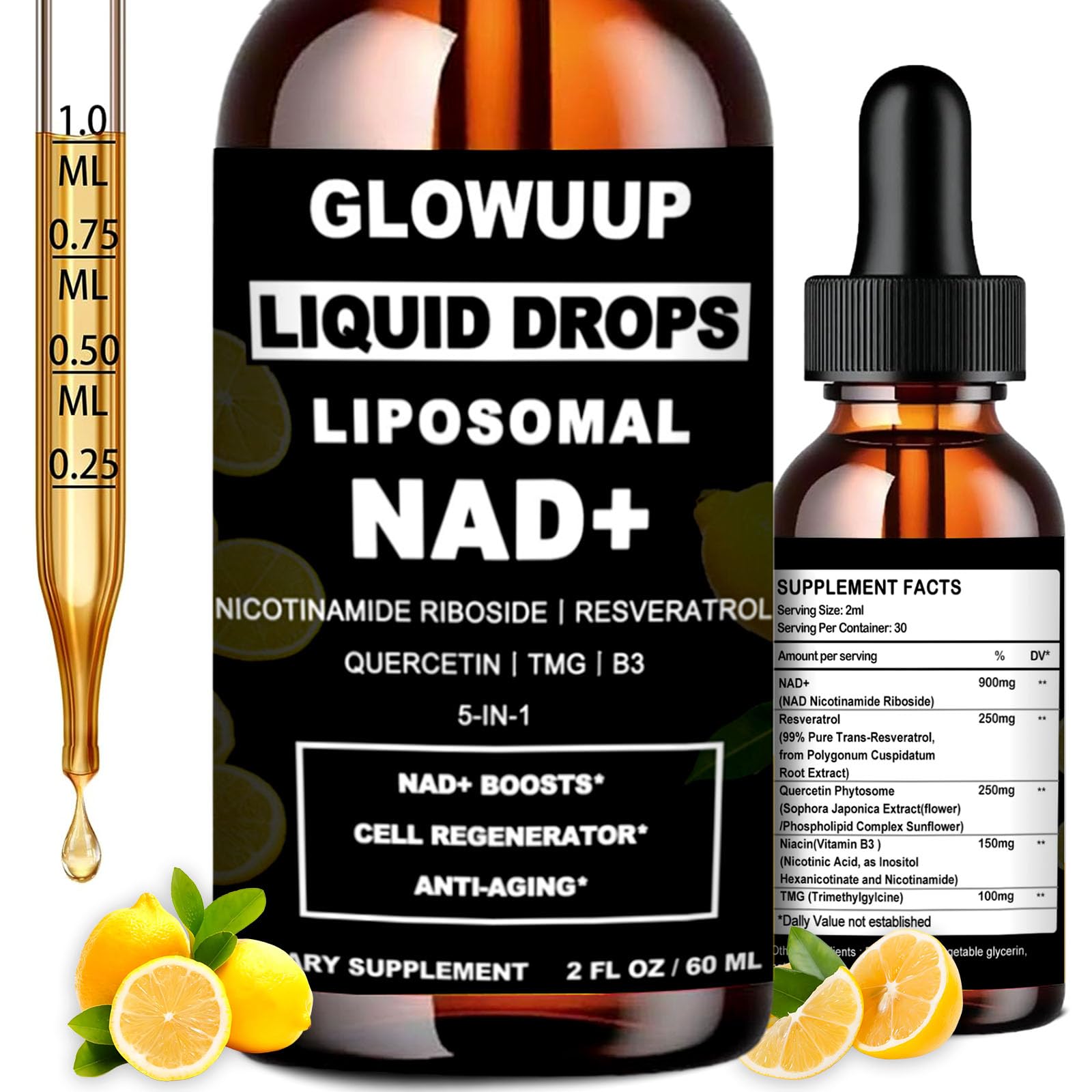 NAD Supplements for Women & Men, Liposomal NAD Nicotinamide Riboside Resveratrol 900mg w. B3 Vitamin Quercetin TMG, Liquid Resveratrol NAD Plus Supplement for Anti-Aging Energy Focus Longevity - Maple Wellness Supplements