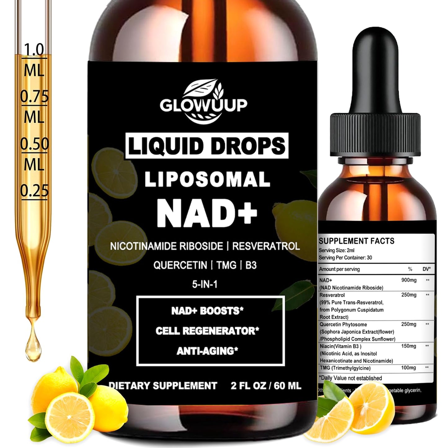 NAD Supplements for Women & Men, Liposomal NAD Nicotinamide Riboside Resveratrol 900mg w. B3 Vitamin Quercetin TMG, Liquid Resveratrol NAD Plus Supplement for Anti-Aging Energy Focus Longevity - Maple Wellness Supplements