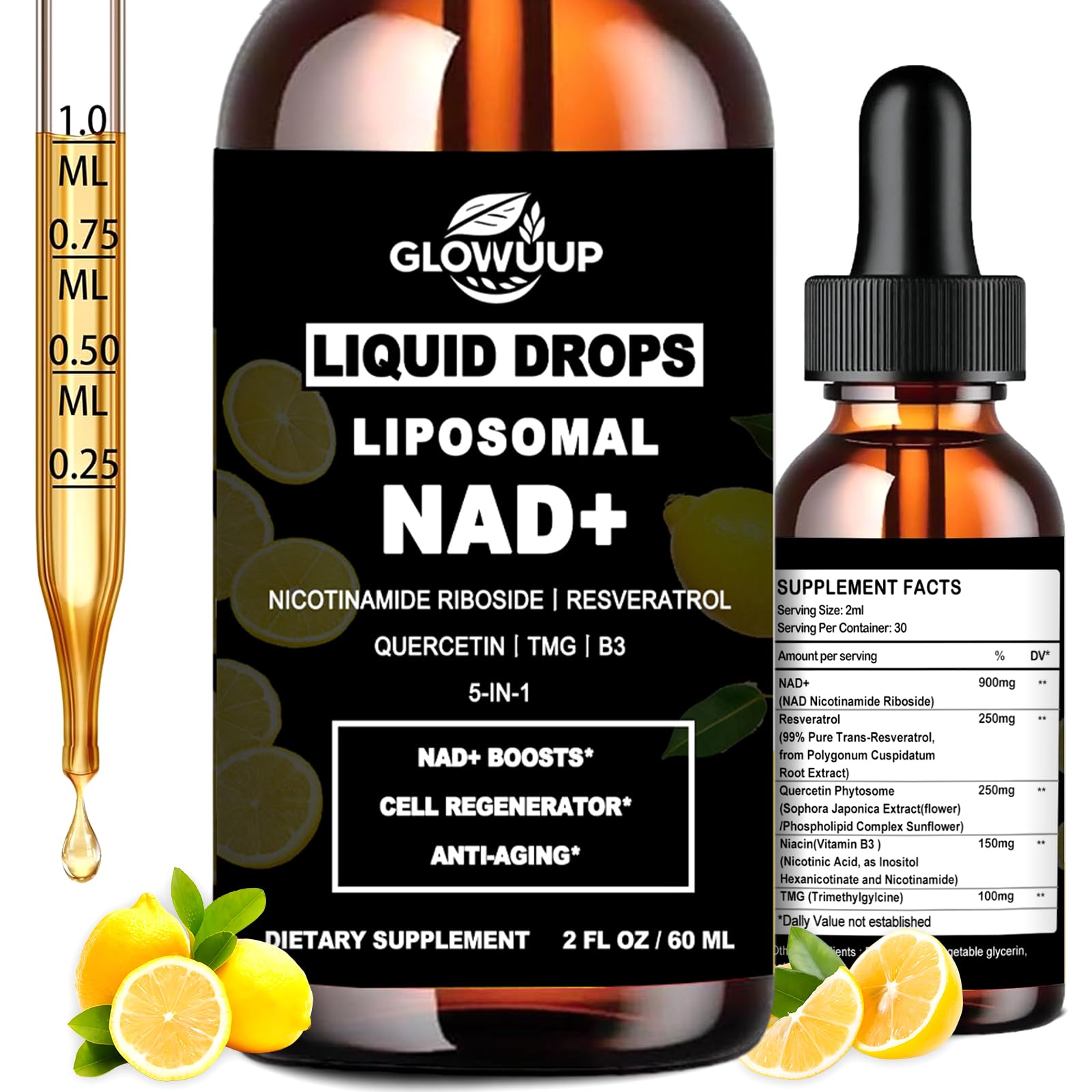 NAD Supplements for Women & Men, Liposomal NAD Nicotinamide Riboside Resveratrol 900mg w. B3 Vitamin Quercetin TMG, Liquid Resveratrol NAD Plus Supplement for Anti-Aging Energy Focus Longevity - Maple Wellness Supplements