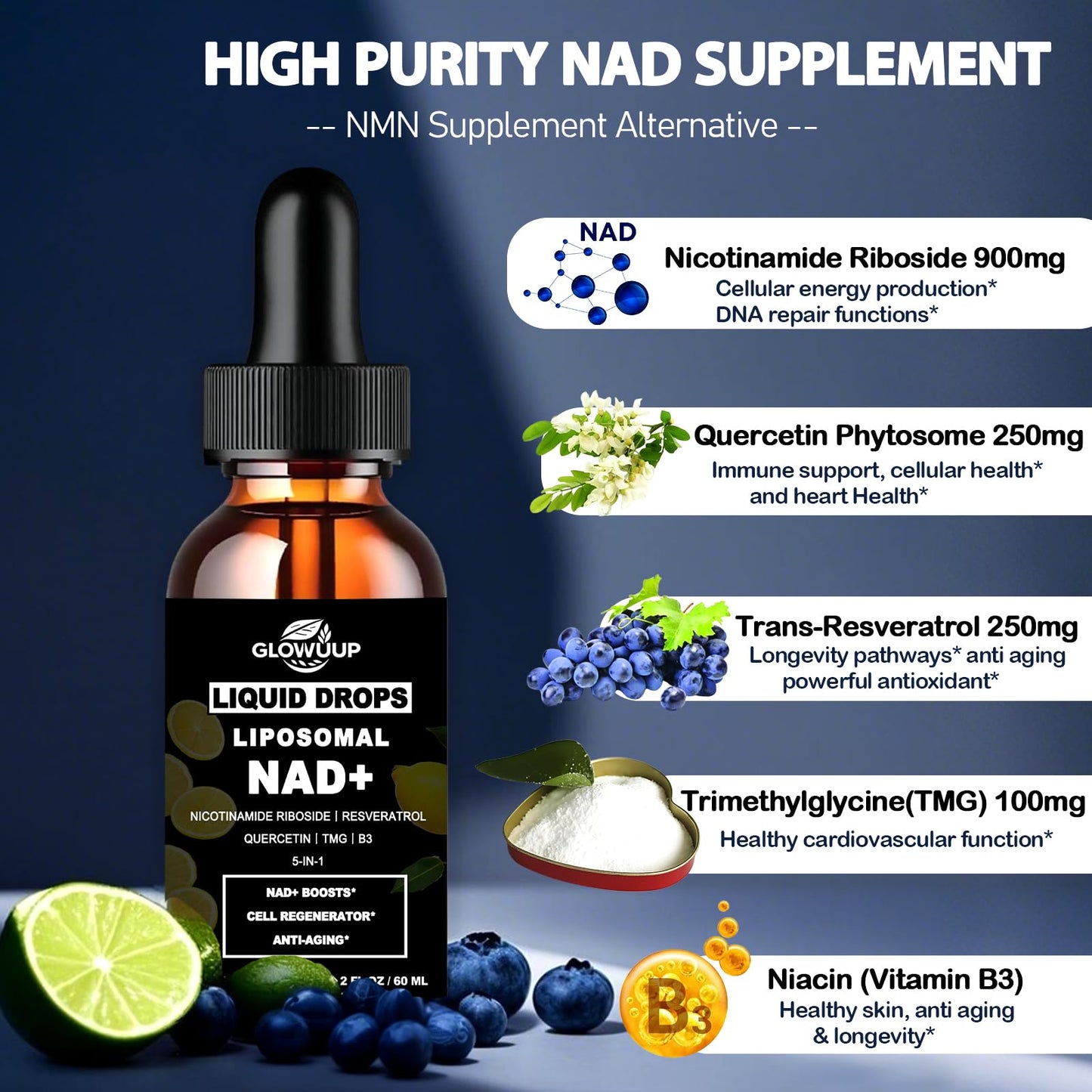 NAD Supplements for Women & Men, Liposomal NAD Nicotinamide Riboside Resveratrol 900mg w. B3 Vitamin Quercetin TMG, Liquid Resveratrol NAD Plus Supplement for Anti-Aging Energy Focus Longevity - Maple Wellness Supplements
